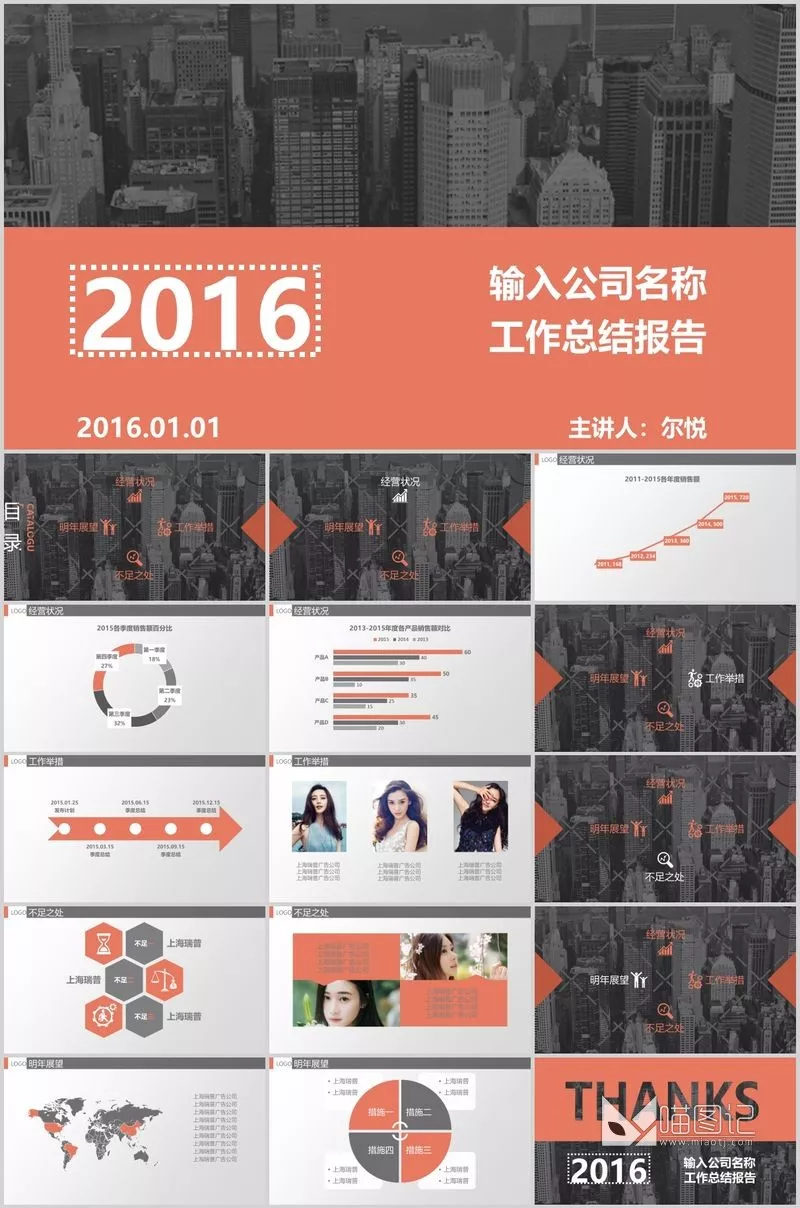 汇报–免费橘灰商务总结模板方案汇报_喵图记